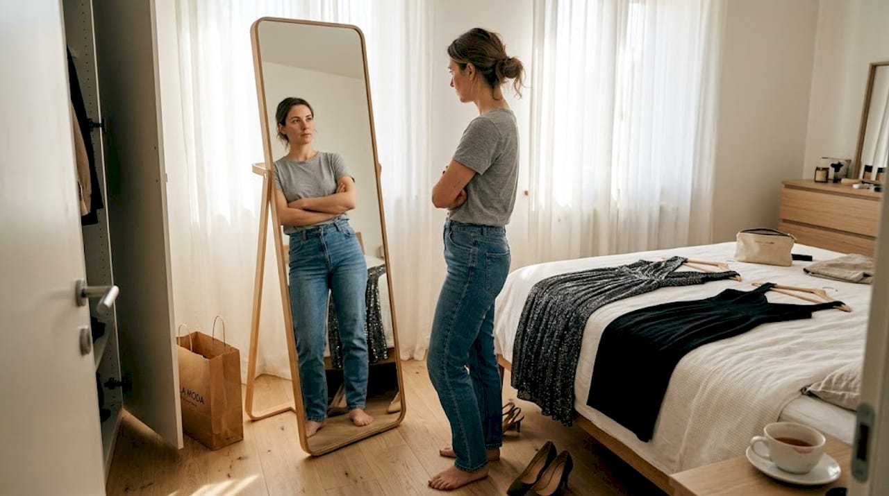 Una donna che, davanti al suo guardaroba in camera da letto, sceglie l'abito perfetto per una serata speciale.
