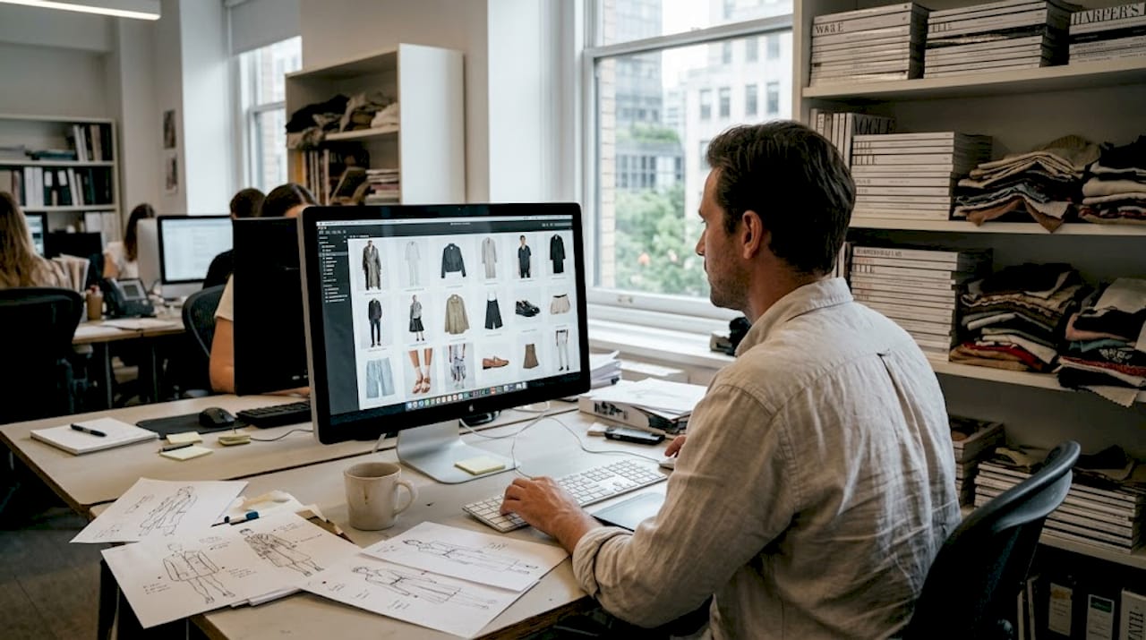Un editor revisa fotografías en el estudio de una casa de moda.