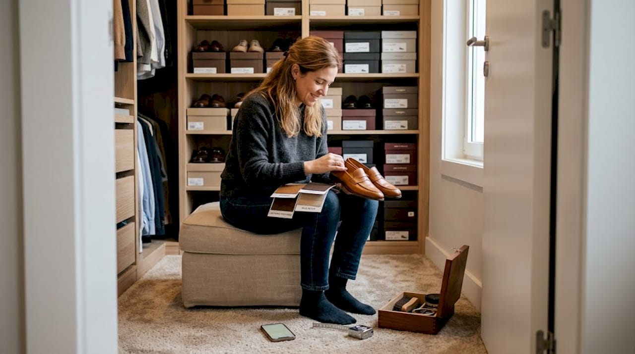 Mulher a personalizar sapatos de luxo no conforto de casa