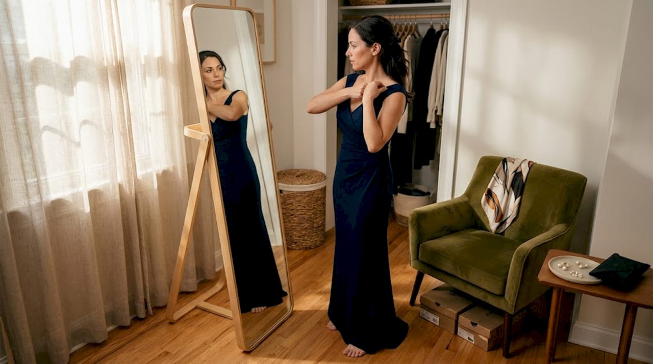 Dans la loge, une femme ajuste sa robe de soirée devant le miroir.