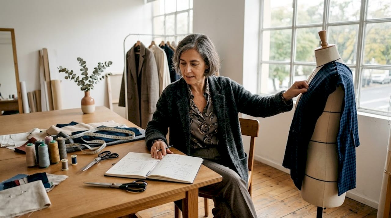 Num atelier de moda, um designer cuidadosamente ajusta o tecido sobre o manequim, preparando cada detalhe para a próxima criação.