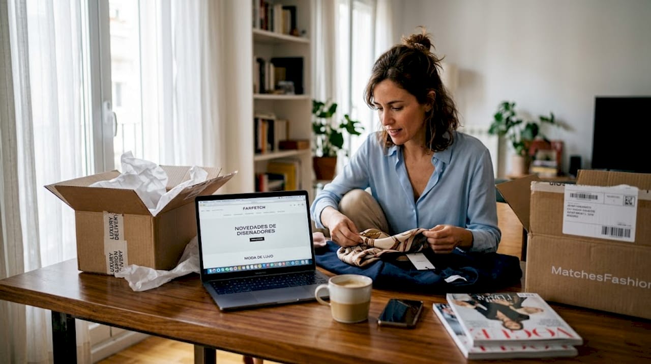 Mujer examinando prendas exclusivas que ha comprado por internet