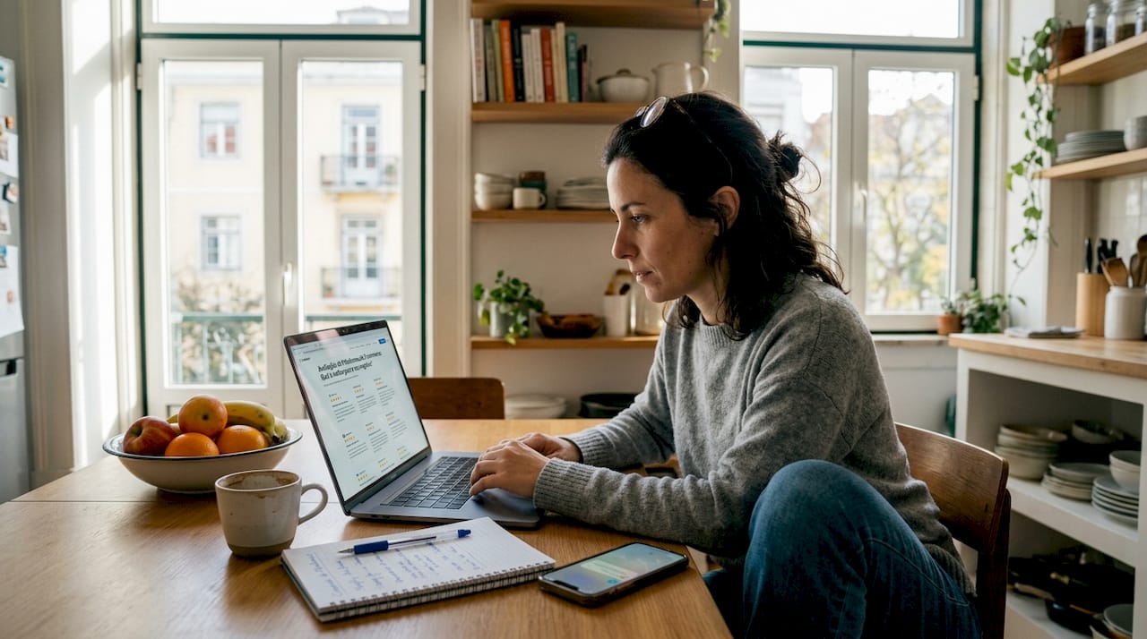 Mulher sentada à mesa da cozinha a analisar e comparar diferentes sites de avaliações online.