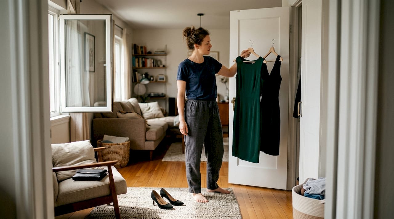 Une femme hésite devant son armoire en cherchant la robe parfaite pour une soirée chic.