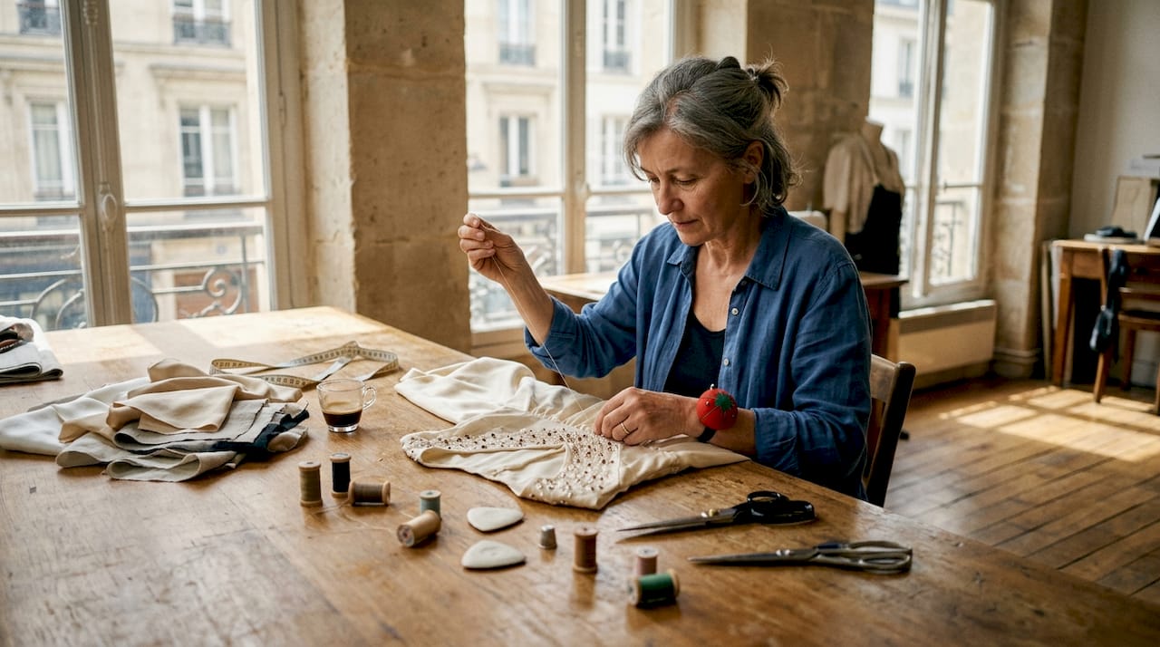 O croitoreasă pricepută lucrează cu migală la o rochie într-un atelier elegant din Paris.