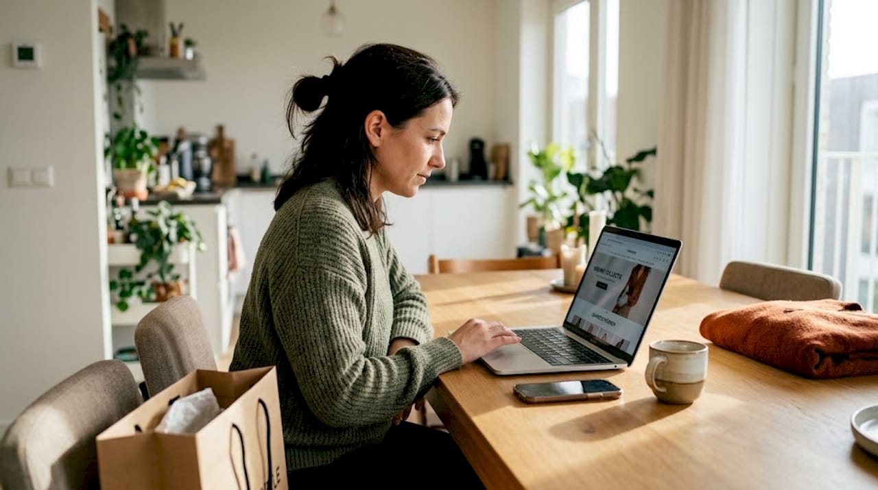 Een vrouw zit aan de eettafel rustig online te shoppen op haar laptop.