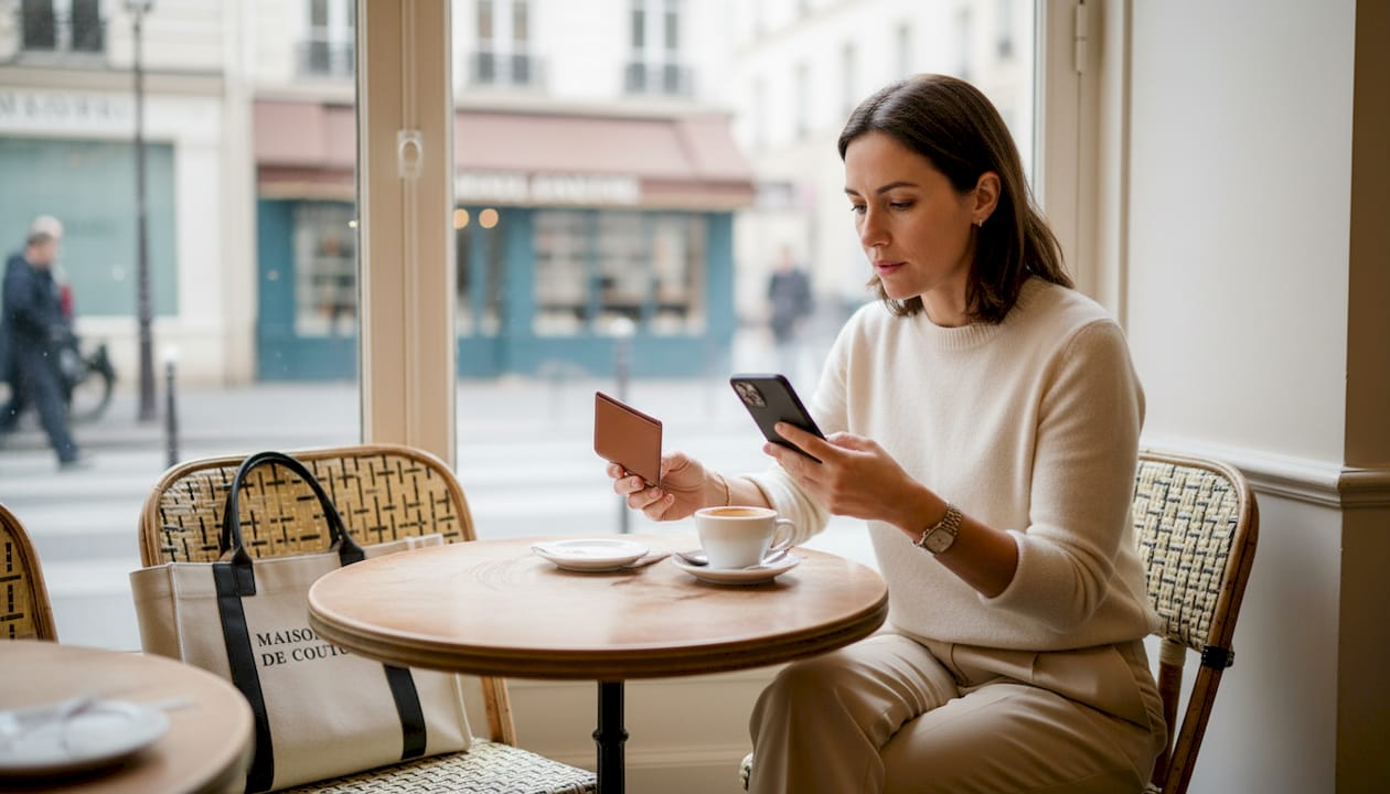 Une femme feuillette un catalogue d’articles de luxe en terrasse, savourant son café.