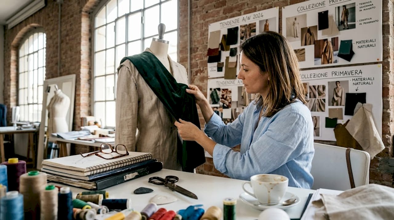 Stilista al lavoro sul tavolo dell’atelier, immerso nella creazione dei suoi nuovi modelli.