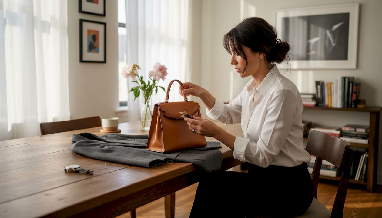 Una mujer revisa cuidadosamente una chaqueta de diseñador y un bolso en su casa, apreciando cada detalle.