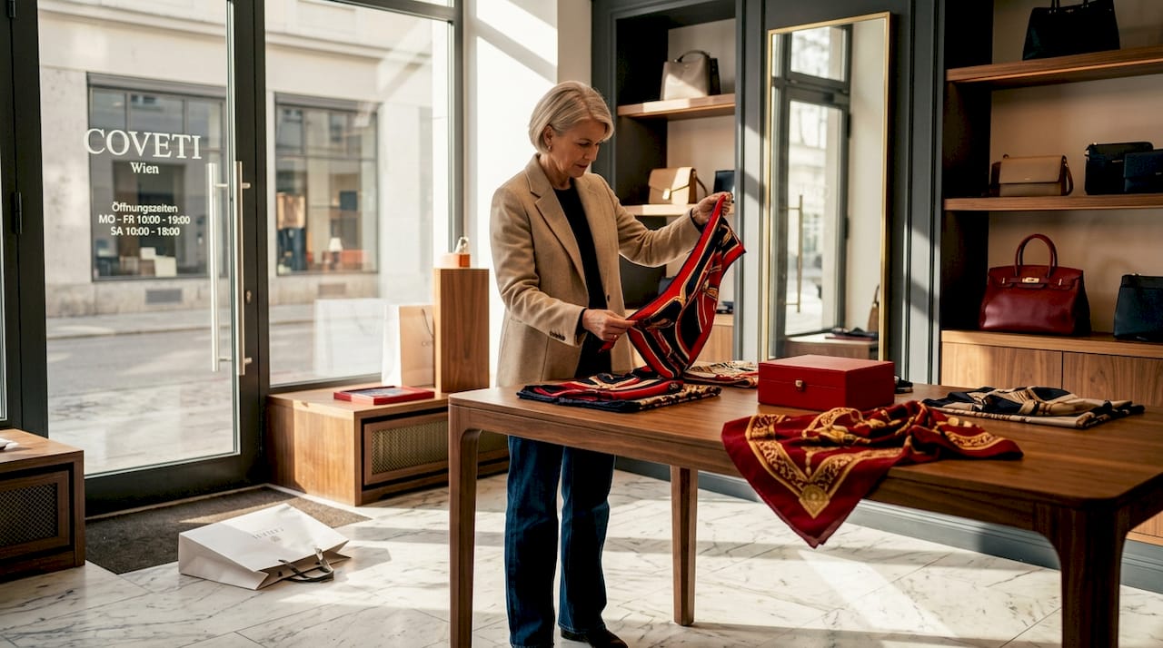 Eine Frau schlendert durch die edel eingerichtete Boutique und lässt sich von den exklusiven Stücken inspirieren.