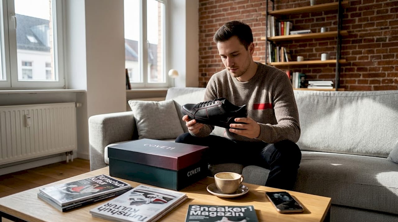 Ein Mann packt zu Hause seine neuen Design-Sneaker aus und freut sich über den ersten Blick auf die edlen Treter.