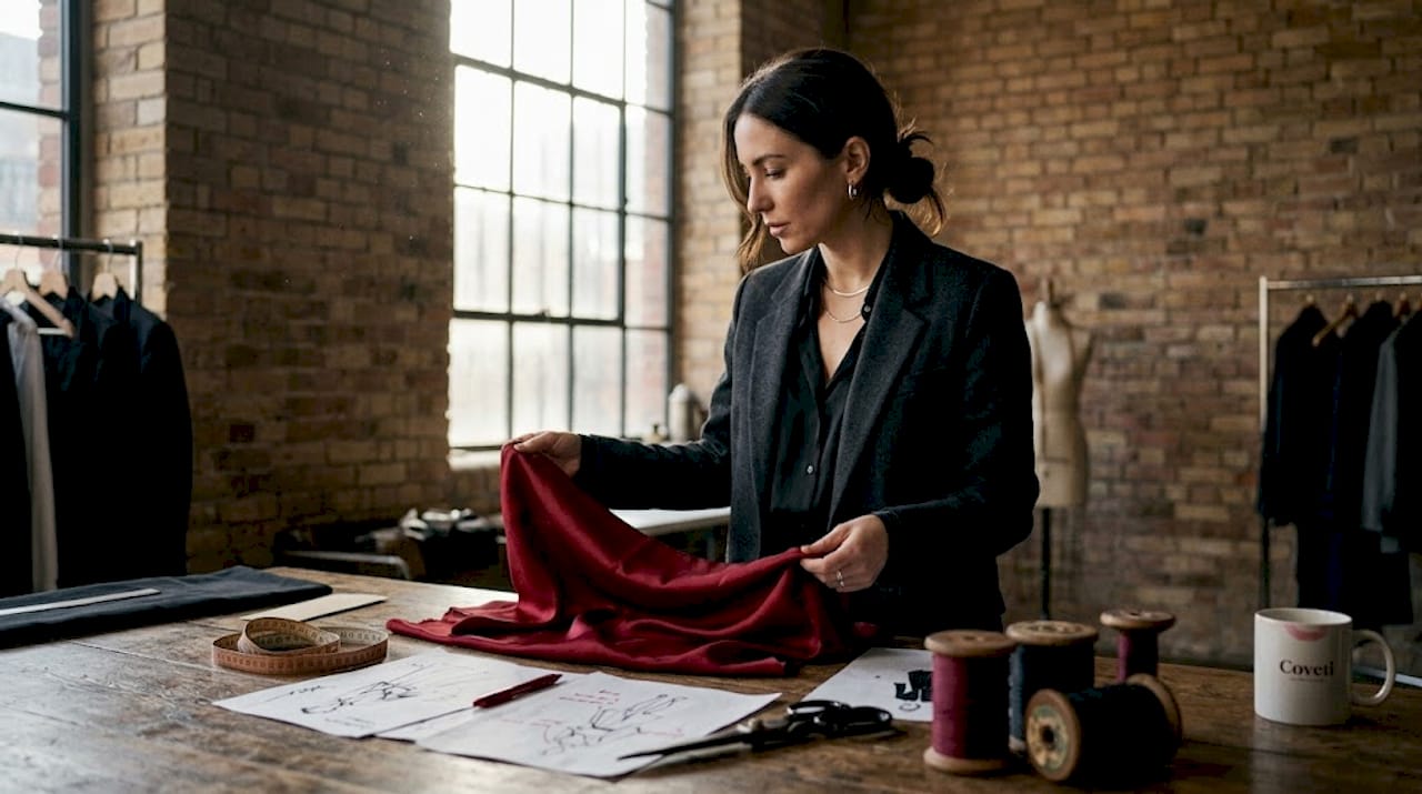 Una diseñadora de moda observa con atención las telas en su taller mientras decide cuáles utilizar en su próxima colección.