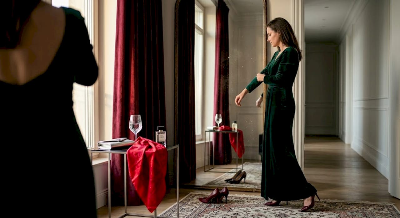 Une femme ajuste sa robe de soirée devant le miroir, quelques instants avant de se rendre à une soirée mondaine.