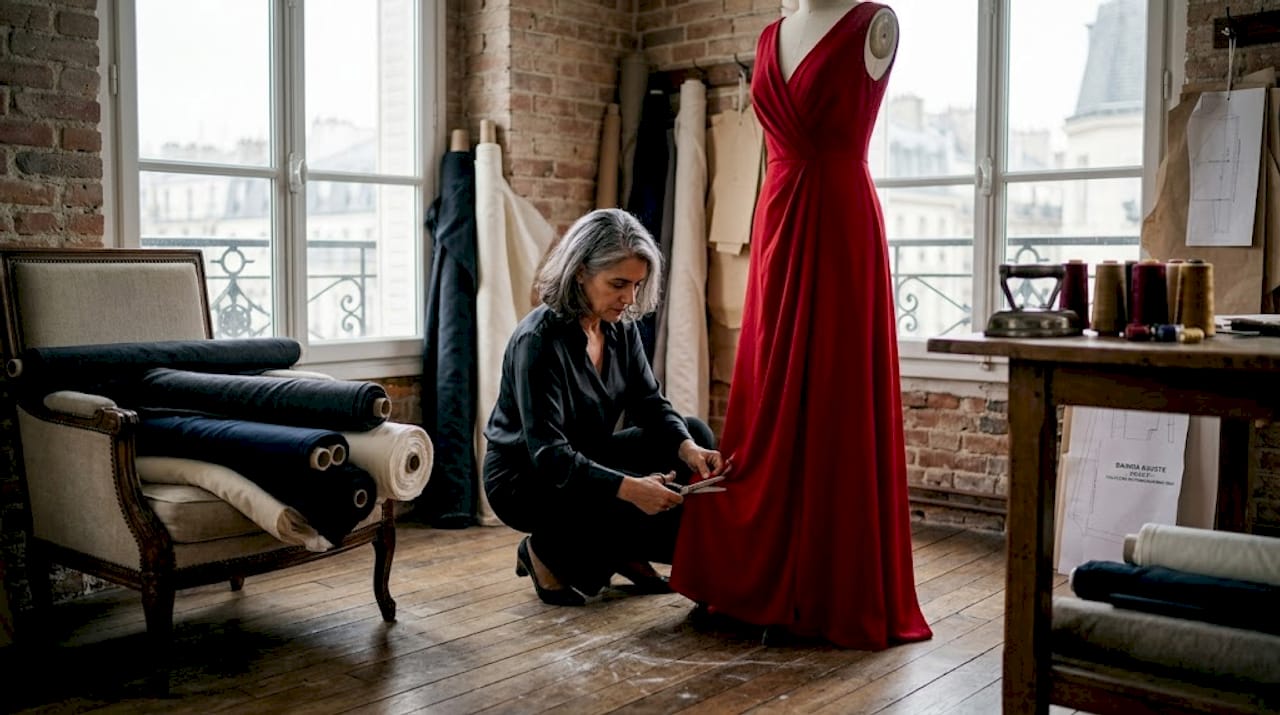 Numa oficina cheia de luz, uma costureira dedica-se a ajustar um vestido com todo o cuidado e atenção ao detalhe.