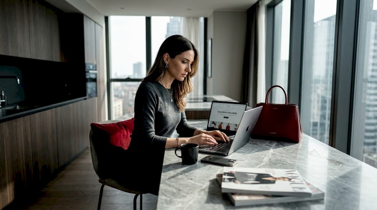 Una donna si concede una pausa a casa esplorando le ultime novità della moda di lusso online.