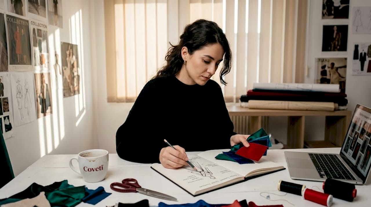 Un designer de modă lucrează la birou, punând la punct detaliile noii colecții pentru sezonul următor.
