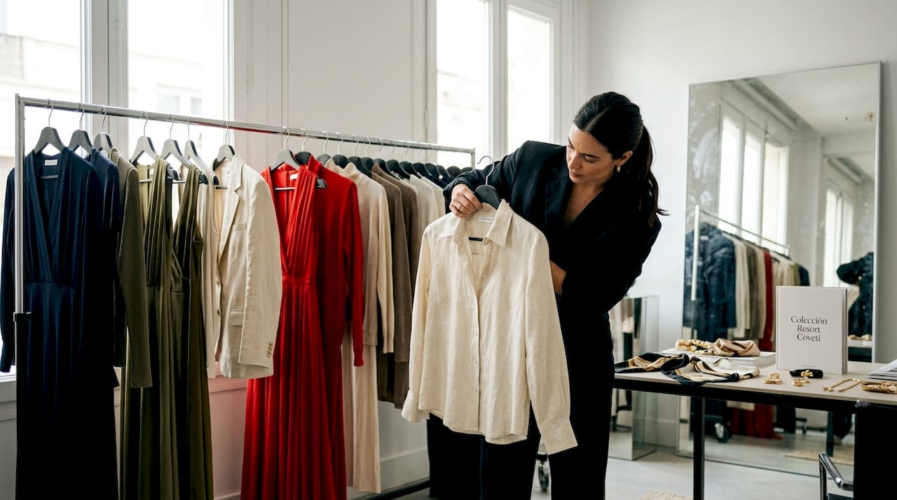 Un estilista selecciona y analiza las nuevas propuestas de moda resort en el showroom.