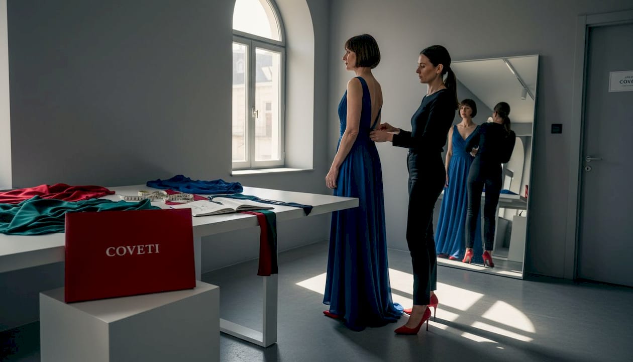 Lo stilista assiste la cliente durante la prova di un elegante abito da sera blu.