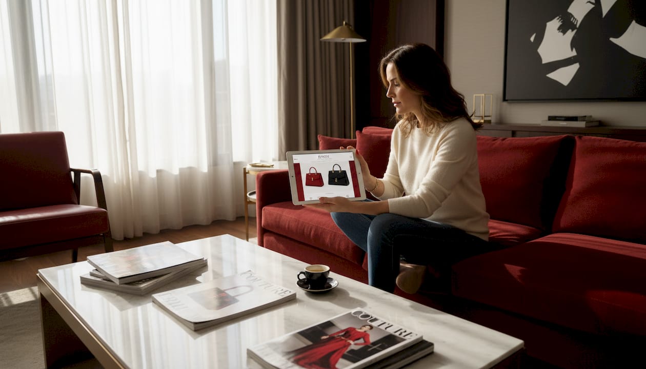 Une femme confortablement installée chez elle explore les nouveautés d’une boutique de luxe en ligne.