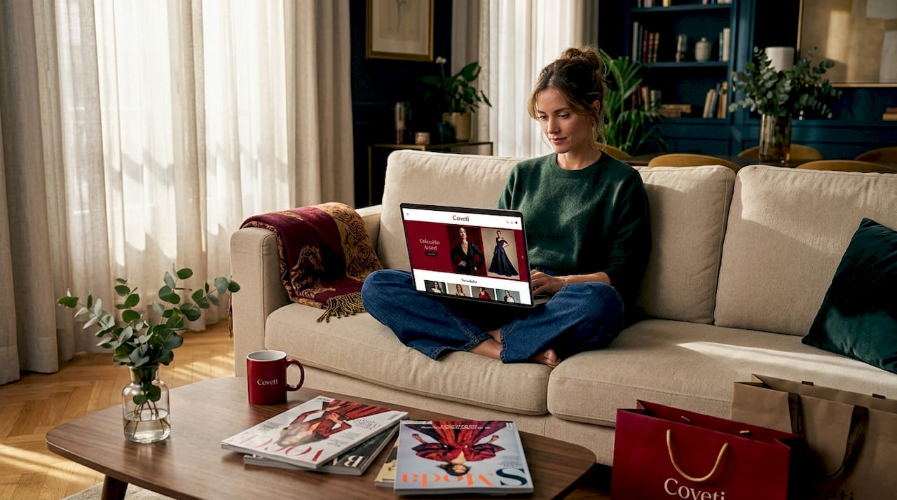 Una mujer disfruta de una tarde tranquila en su salón, explorando tiendas de moda online desde su portátil.