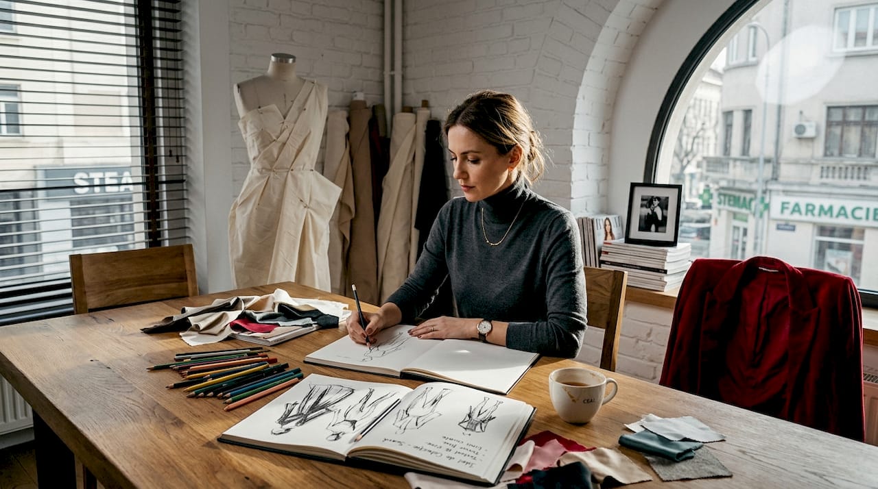 Designerul de modă își conturează noua colecție în atelier, punând la punct fiecare detaliu pentru sezonul următor.