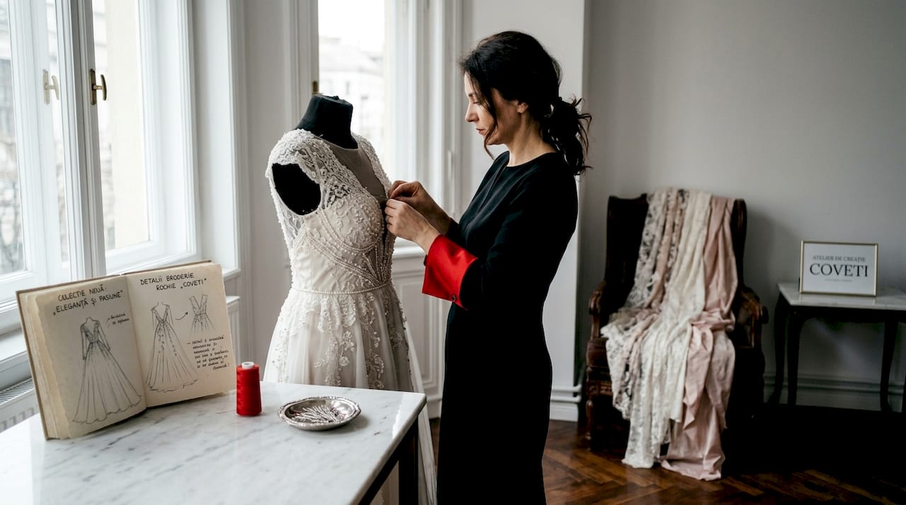 Croitoreasa retușează cu atenție o rochie de mireasă luxoasă, direct în atelier.