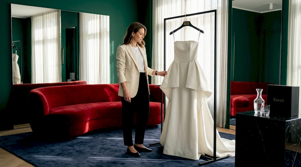 Eine Frau bewundert ein elegantes Brautkleid in einer Boutique.