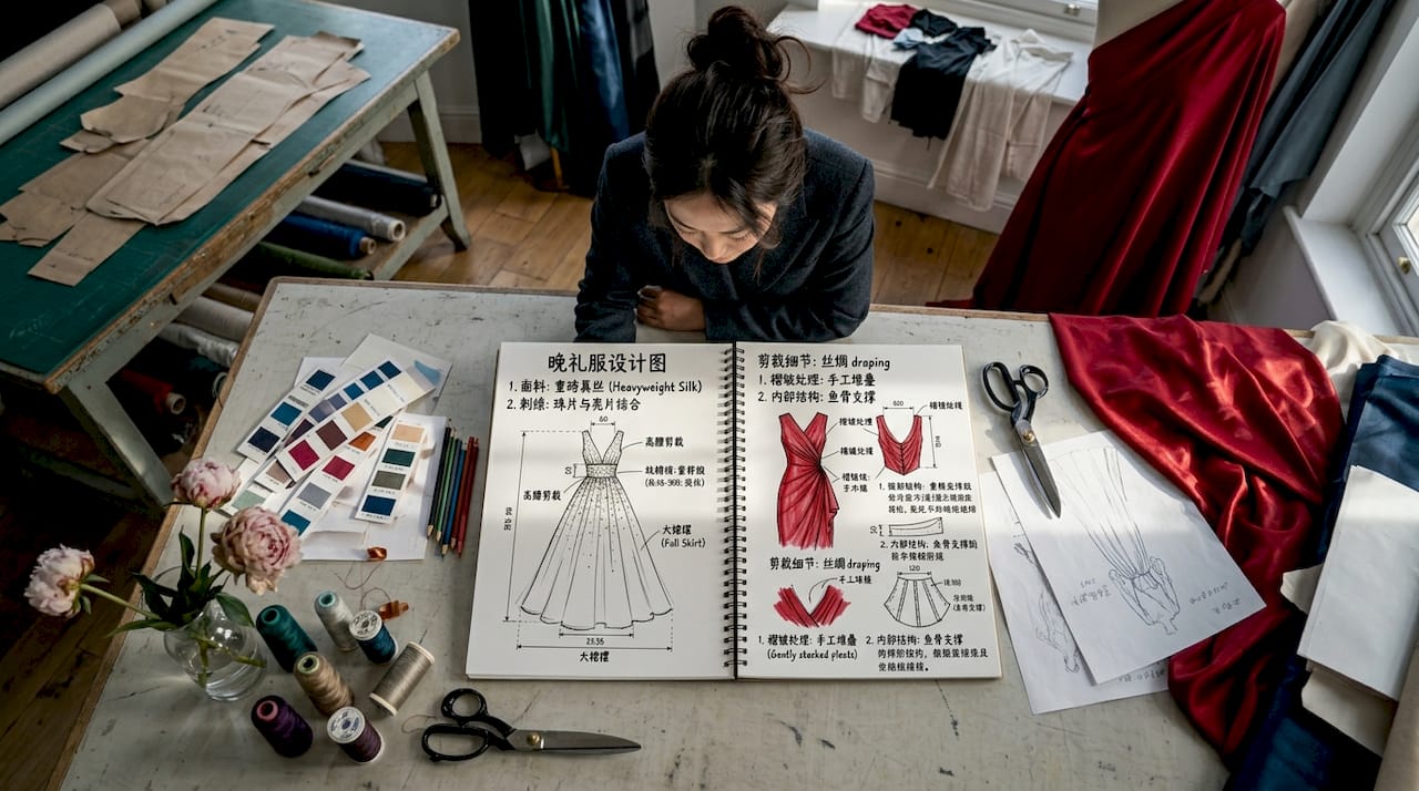 设计师正在工作室里手绘晚礼服草图，专注地勾勒出优雅的轮廓。