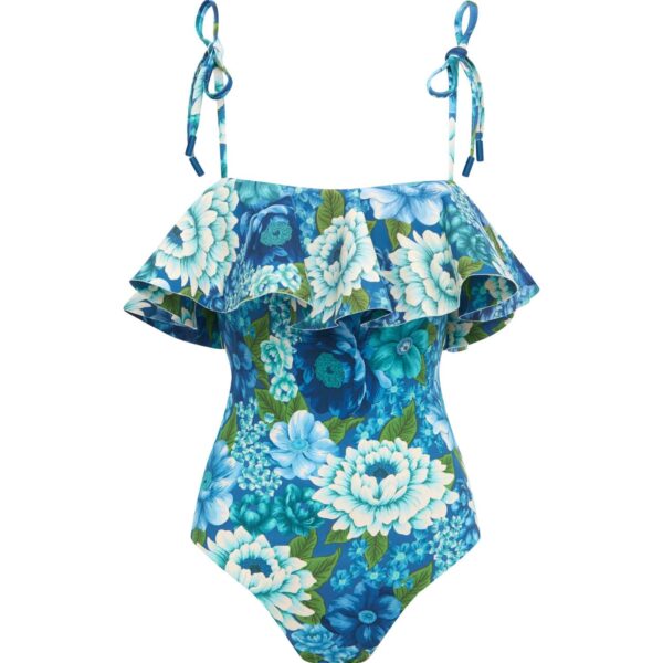 Alemais Margo Ruffle One Piece  Sustainable Beachwear with Alemais print - Coveti Australian Designer