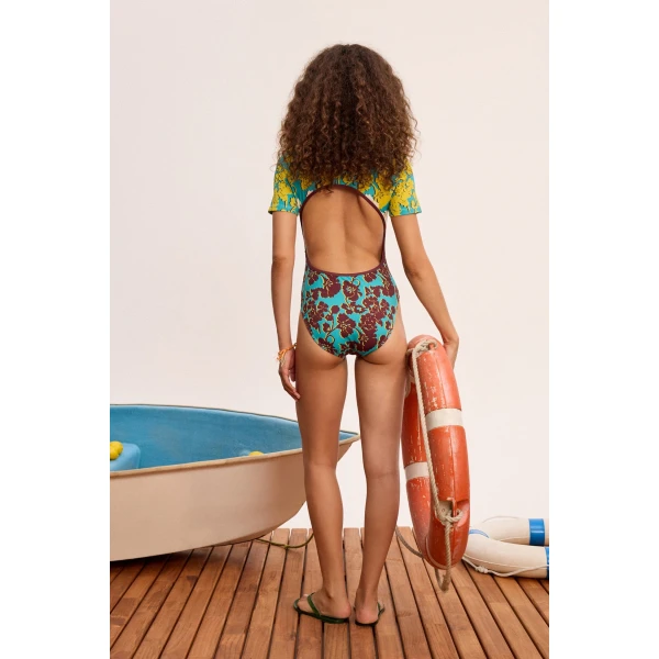 Alemais Splice Short Sleeve One Piece  Sustainable Beachwear with Alemais print - Coveti Australian Designer