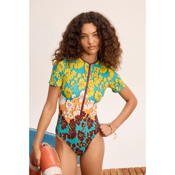 Alemais Splice Short Sleeve One Piece  Sustainable Beachwear with Alemais print - Coveti Australian Designer