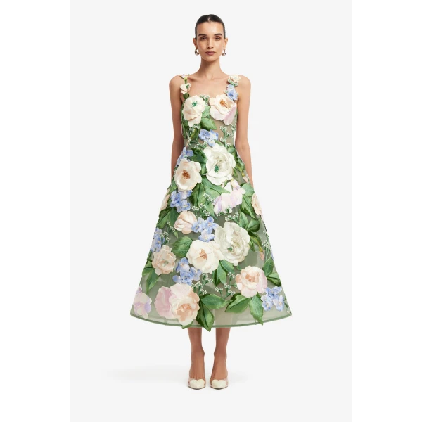 Leo Lin Beatrice Floral Hand-Embroidered Midi Dress - Leo Lin Dress - Australian Luxury Fashion - Shop at Coveti