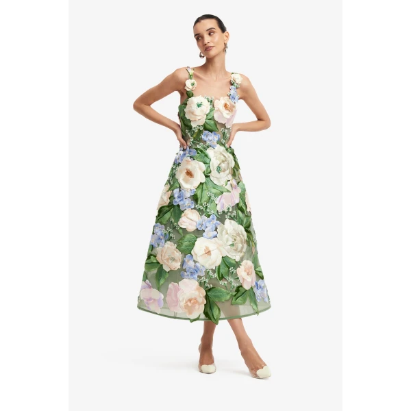 Leo Lin Beatrice Floral Hand-Embroidered Midi Dress - Leo Lin Dress - Australian Luxury Fashion - Shop at Coveti