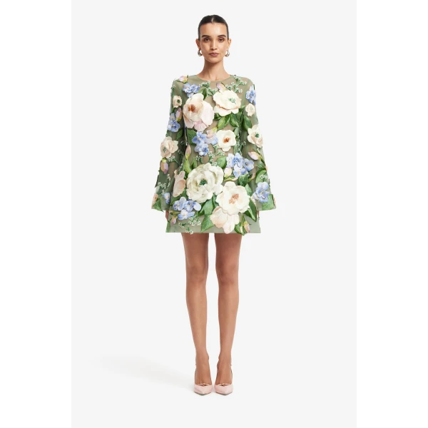 Leo Lin Suzanne Floral Hand-Embroidered Bell Sleeve Mini Dress - Leo Lin Dress - Australian Luxury Fashion - Shop at Coveti