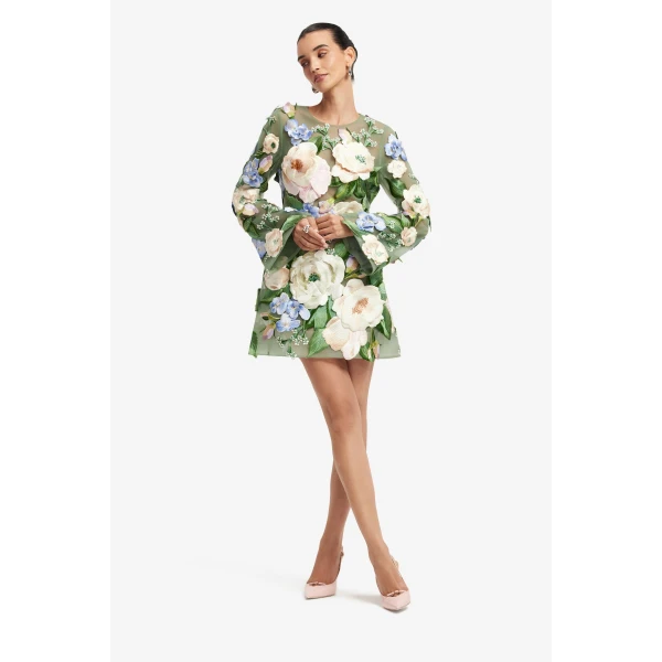 Leo Lin Suzanne Floral Hand-Embroidered Bell Sleeve Mini Dress - Leo Lin Dress - Australian Luxury Fashion - Shop at Coveti