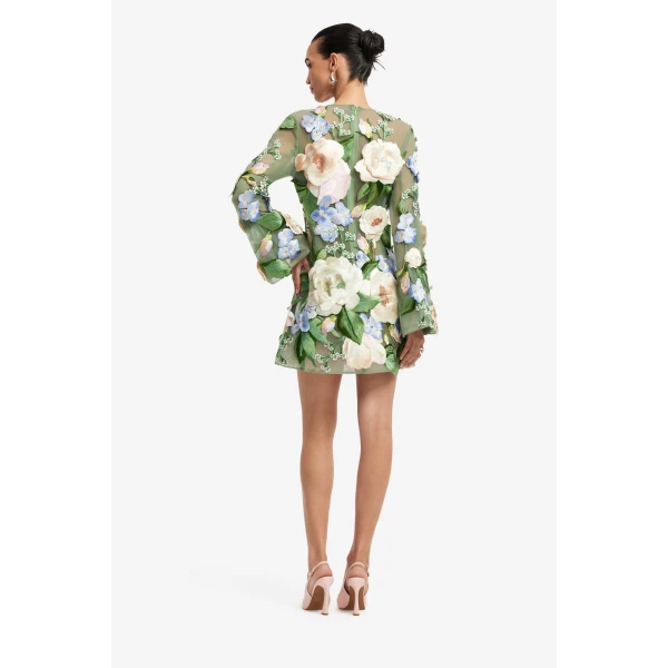Leo Lin Suzanne Floral Hand-Embroidered Bell Sleeve Mini Dress - Leo Lin Dress - Australian Luxury Fashion - Shop at Coveti