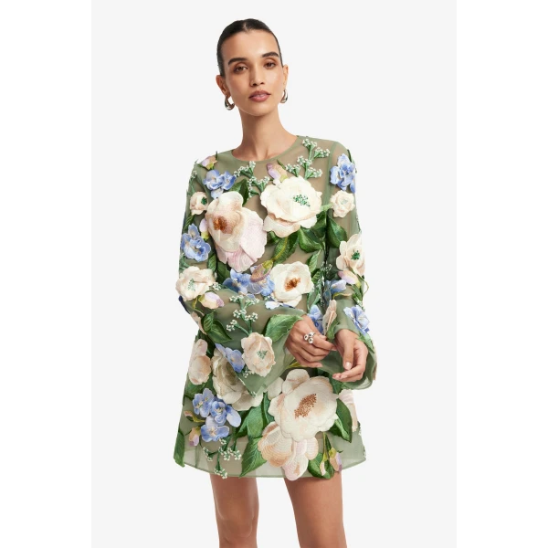 Leo Lin Suzanne Floral Hand-Embroidered Bell Sleeve Mini Dress - Leo Lin Dress - Australian Luxury Fashion - Shop at Coveti