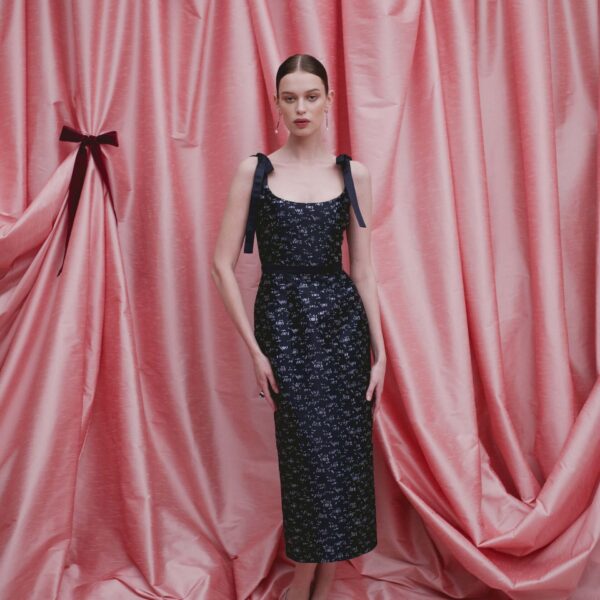 Markarian Acacia Navy Floral Brocade Corset Midi Dress - Dresses - New York Luxury Occasion Wear at Coveti