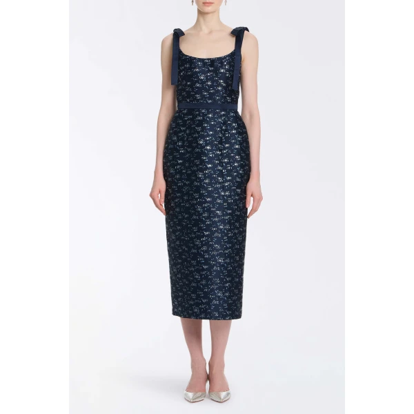 Markarian Acacia Navy Floral Brocade Corset Midi Dress, view 3