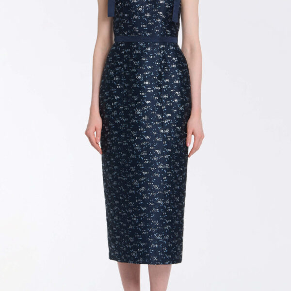 Markarian Acacia Navy Floral Brocade Corset Midi Dress - Dresses - New York Luxury Occasion Wear at Coveti