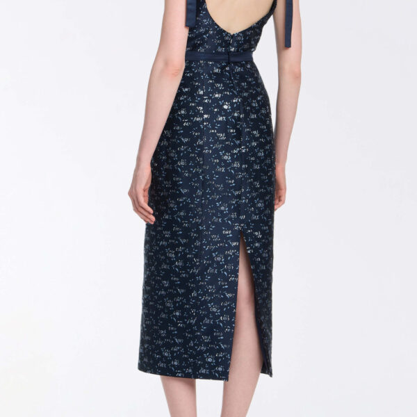 Markarian Acacia Navy Floral Brocade Corset Midi Dress - Dresses - New York Luxury Occasion Wear at Coveti