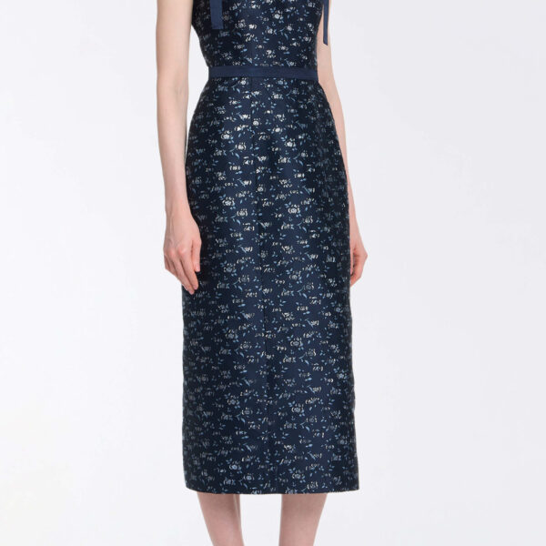 Markarian Acacia Navy Floral Brocade Corset Midi Dress - Dresses - New York Luxury Occasion Wear at Coveti