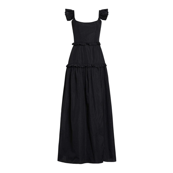Markarian Alanna Black Gingham Taffeta Ruffle Tiered Gown