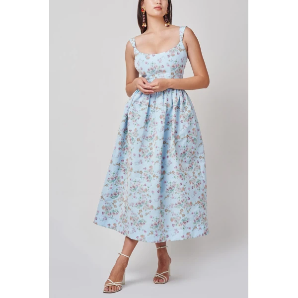 Markarian Apple Blue Ikat Floral Corset Dress - Dresses - New York Luxury Occasion Wear at Coveti