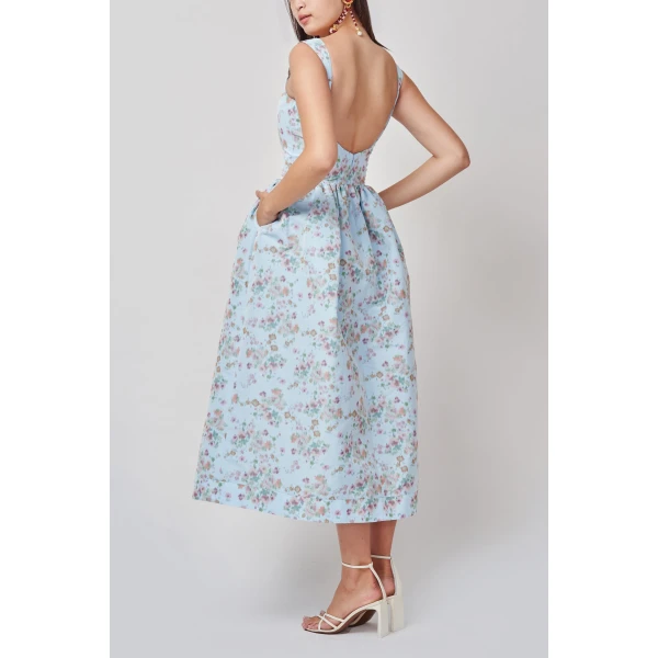 Markarian Apple Blue Ikat Floral Corset Dress - Dresses - New York Luxury Occasion Wear at Coveti