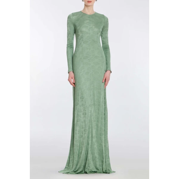 Markarian Coco Pistachio Green Floral Jersey Long Sleeve Gown, view 2