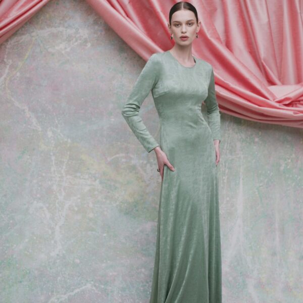 Markarian Coco Pistachio Green Floral Jersey Long Sleeve Gown - Dresses - New York Luxury Occasion Wear at Coveti