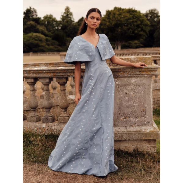 Markarian Eloise Wedgewood Floral Taffeta Capelet Gown, view 3