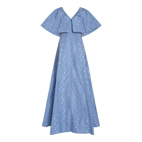 Markarian Eloise Wedgewood Floral Taffeta Capelet Gown