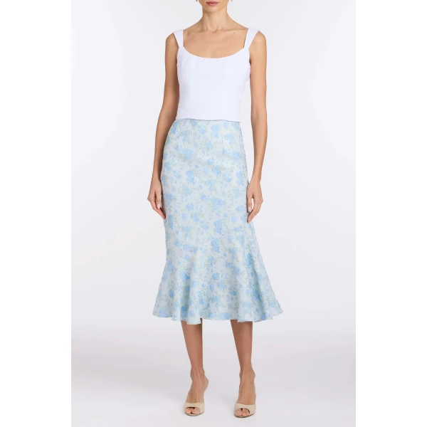 Markarian June Cornflower And Mint Brocade Asymmetric Flounce Midi Skirt, view 2